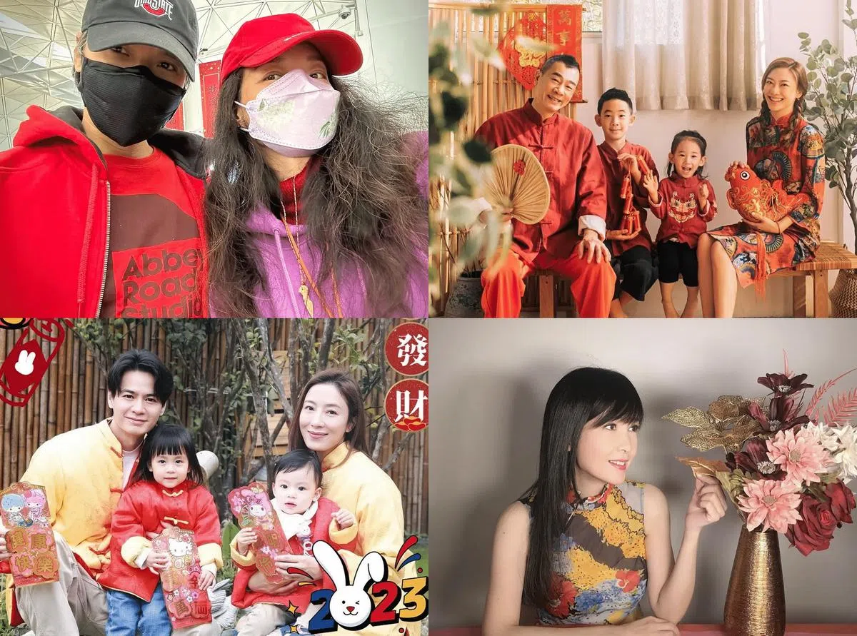 左起顺时针：冯德伦与舒淇，陈小春、Jasper、Hoho及应采儿，周慧敏，杨茜尧与罗子溢一家四口。（互联网）