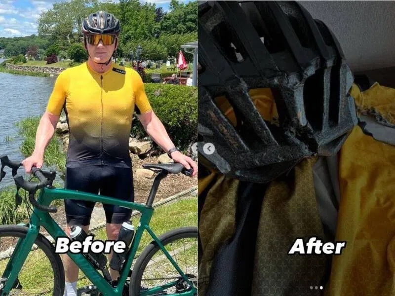 戈登上载安全帽在意外前后的对比，只见安全帽缺了一大块，可见意外相当严重。（互联网）