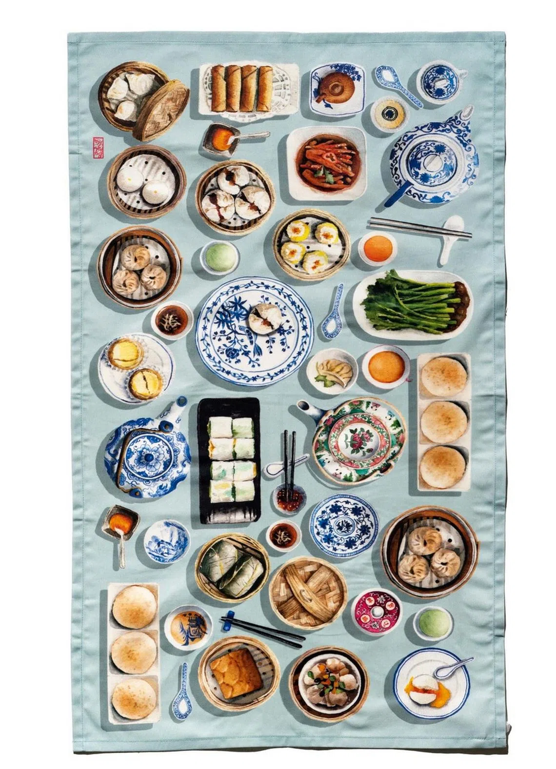 Singlapa将精选茶楼点心印在茶巾上，看了让人食指大动。（品牌提供）