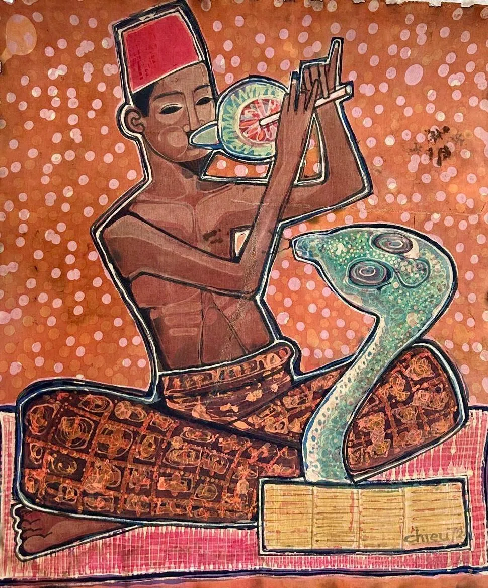 丘瑞福的具象峇迪画《耍蛇人》（60x60cm，1972）。（丘艺才提供）