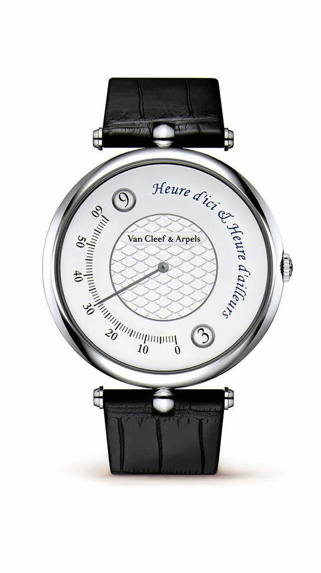 梵克雅宝Pierre Arpels Heure d’Ici & Heure d’Ailleurs结合跳时机制与旅行意象。（梵克雅宝提供）