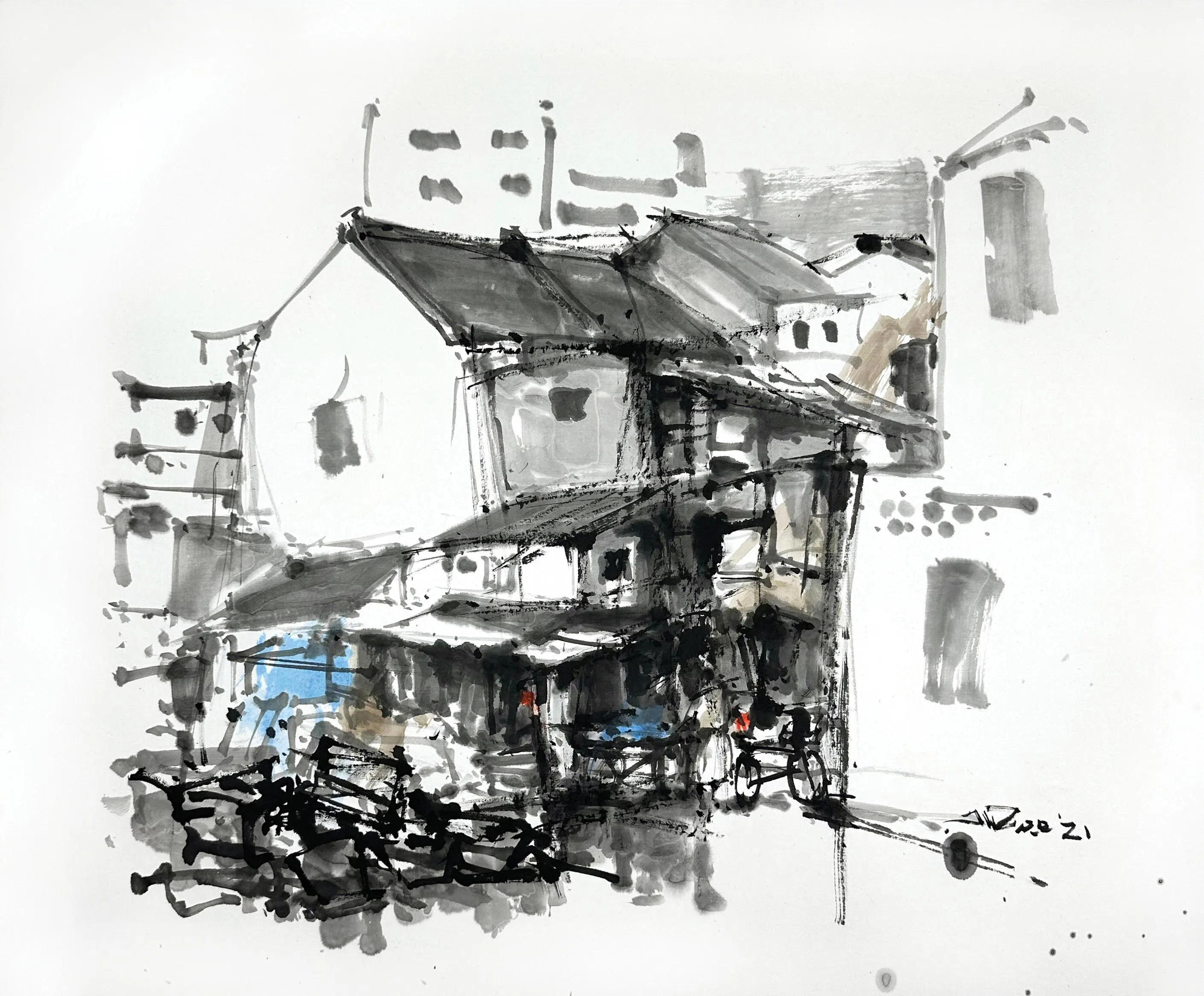 洪亚弟近年用水墨画诠释店屋。（嘉合画轩提供）