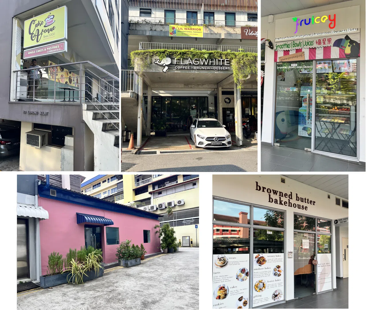 主打不同甜点的蛋糕店、咖啡店和果汁店：Cake Avenue；FlagWhite；Patisserie Woo；Browned Butter Bakehouse；Fruicey。（陈映蓁摄）