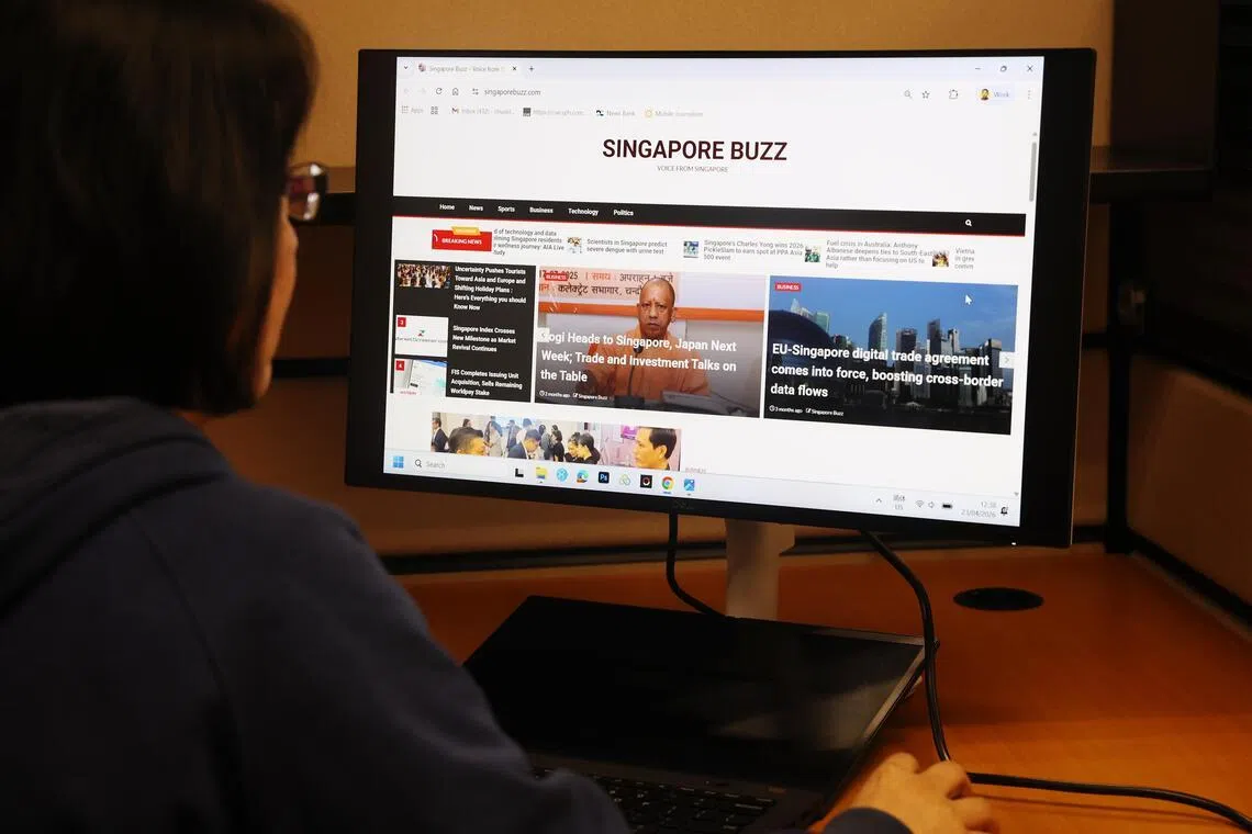 五个网站的域名选用“新加坡”“南洋”等英文字，并刊登新加坡相关内容。其中，singaporebuzz.com和nanyangweekly.com分别注明“新加坡新闻”和“来自新加坡的声音”。（蔡家增摄）