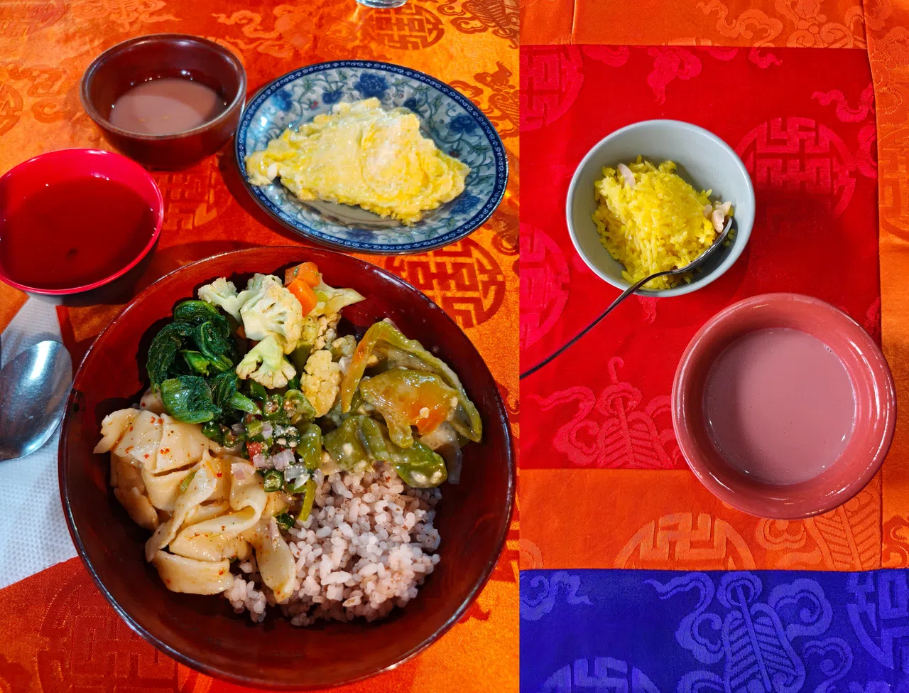 不丹菜重辣、偏咸，常以奶酪入菜。右边是酥油茶，咸中带一股浓厚的奶香，是高原居民生活中不可或缺的茶饮。（陈默汎摄）