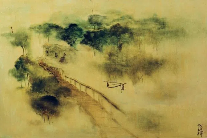 陈有勇早期木板油画《小桥流水人家》（1969）含中国水墨画意境。（国大博物馆提供）