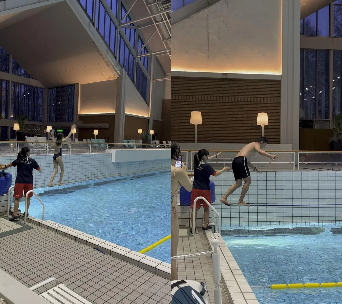 不少人挑战水上走绳。（曾慧仪摄）