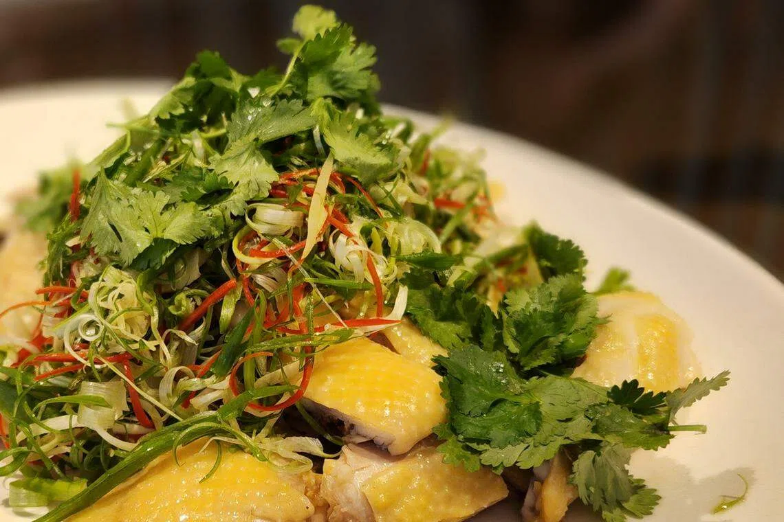 客家沙姜鸡鸡肉结实有味，淋上沙姜酱和配搭花生油爆香的姜葱丝。（陈爱薇摄）