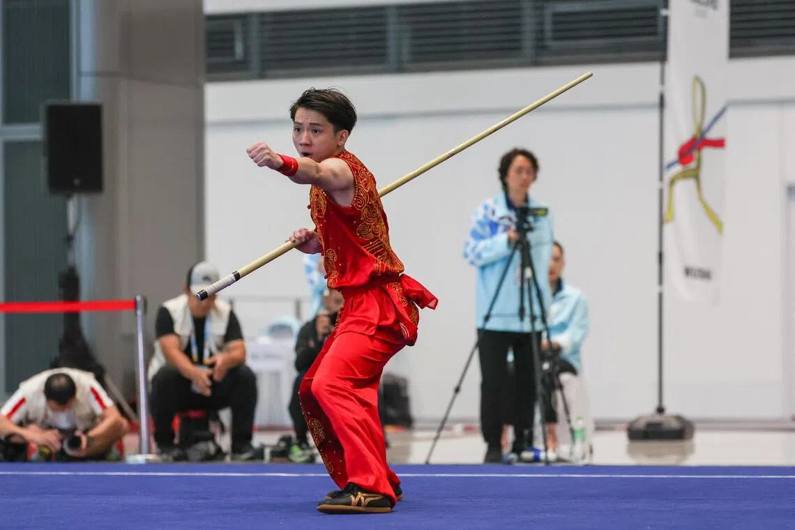 林艺杰在男子南拳、南刀、南棍综合项目，以29.242分拿下银牌。（白艳琳摄）