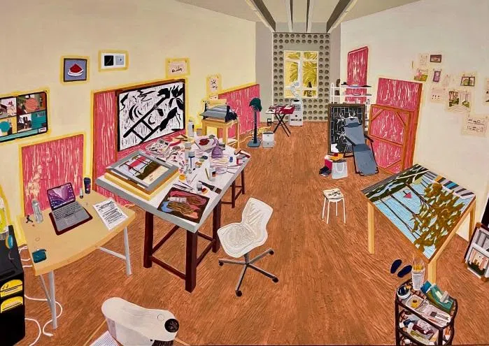 林加淇在版画《月眠的工作室》（2023）刻画她与张富铭合租的工作室场景。（Art Porters Gallery提供）
