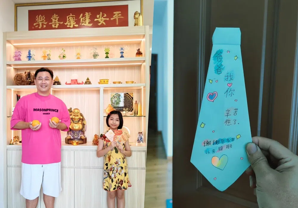 姚彣隆（左图左）收到女儿“妹妹”一张亲笔画的卡片，感动PO文。（取自姚彣隆IG）