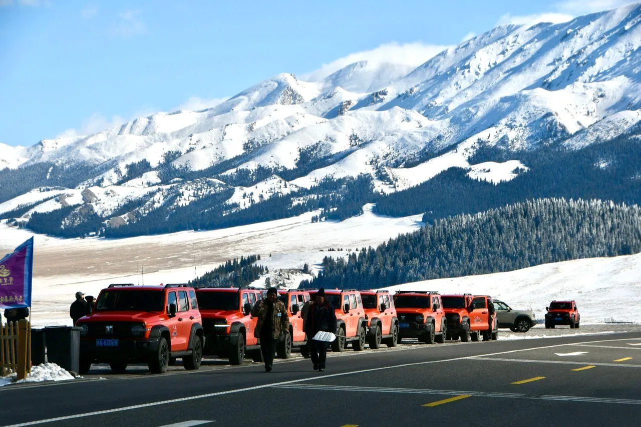 车队穿行赛里木湖地区，远处雪山连绵起伏，巍峨壮观。（河婆集团提供）