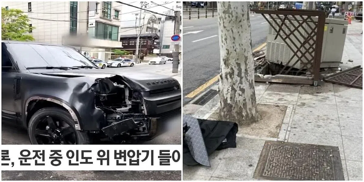 金赛纶所驾驶的车辆（左）把路边的电箱撞歪，电箱的围栏也被撞坏。（图/截自YouTube、互联网）