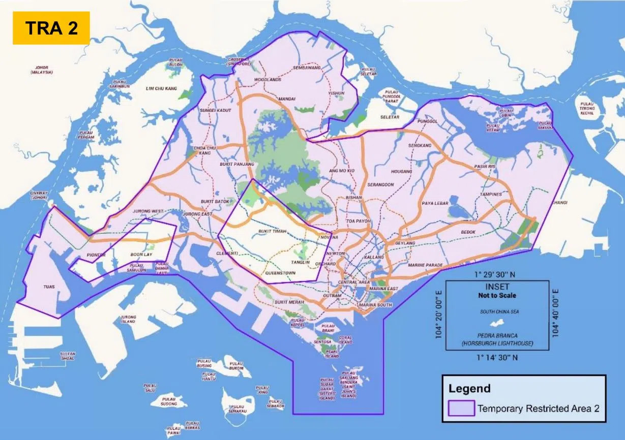 紫色区块为临时禁飞区2，范围几乎涵盖全岛，除了林厝港、武吉知马、女皇镇、东陵等。（民航局提供）