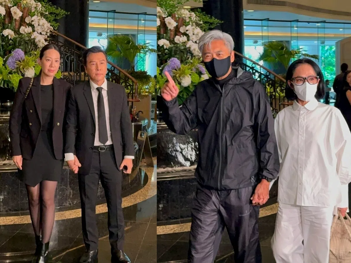 甄子丹与汪诗诗（左图）和周润发夫妇现身追思会。（互联网）