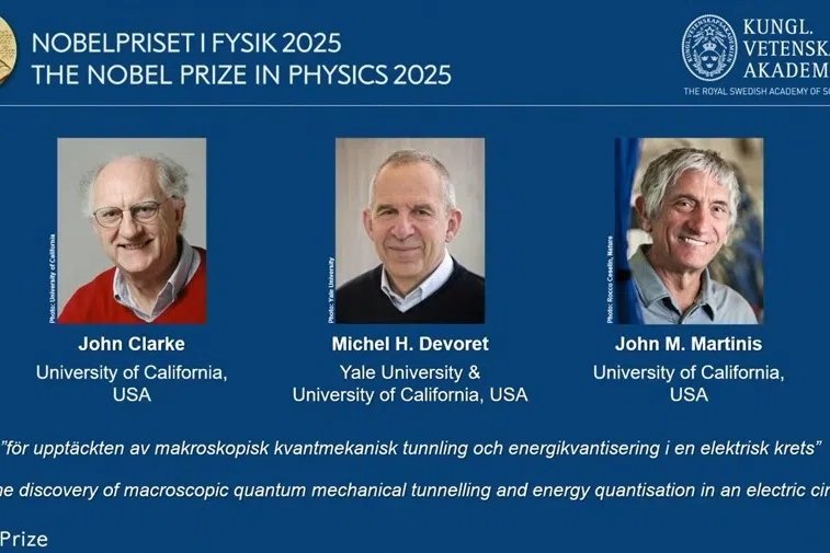 科学家克拉克（左起）、德沃雷和马蒂尼斯以量子物理学的杰出贡献，获颁本年度诺贝尔物理学奖。（互联网）