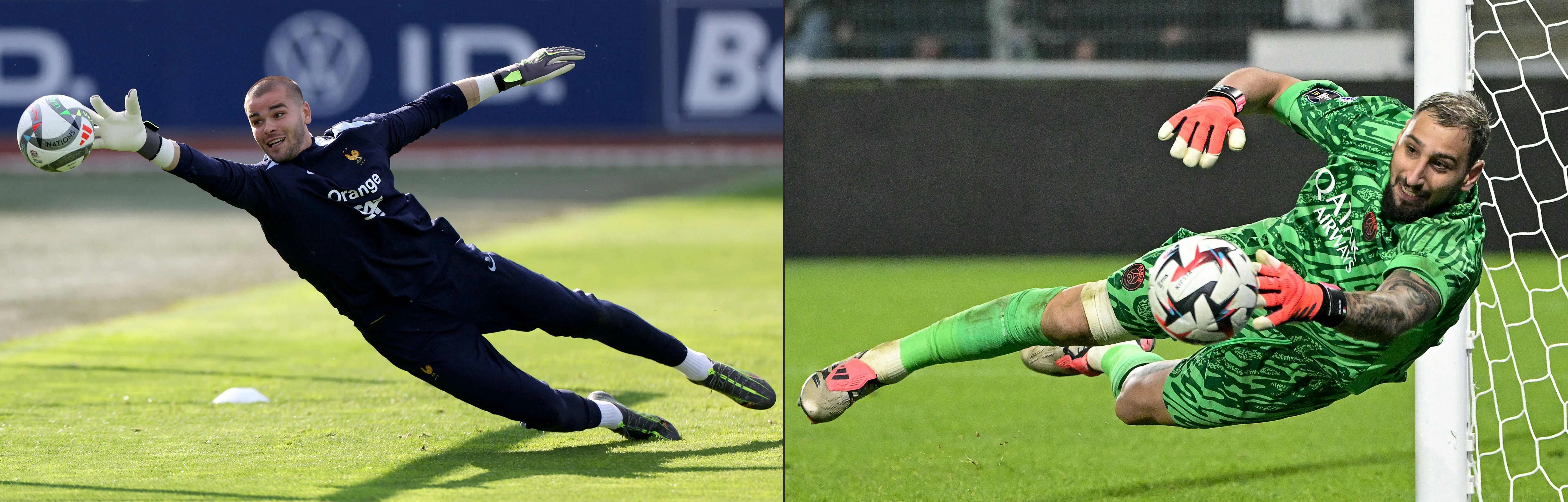 有了本土门将舍瓦利耶（左）的加盟，意大利门将唐纳鲁马（右）在俱乐部的未来也变得愈发不确定。（法新社）