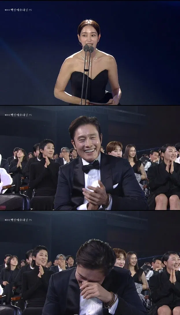 李珉廷（上图）在台上颁奖时，李秉宪的表情引发热议。（互联网）