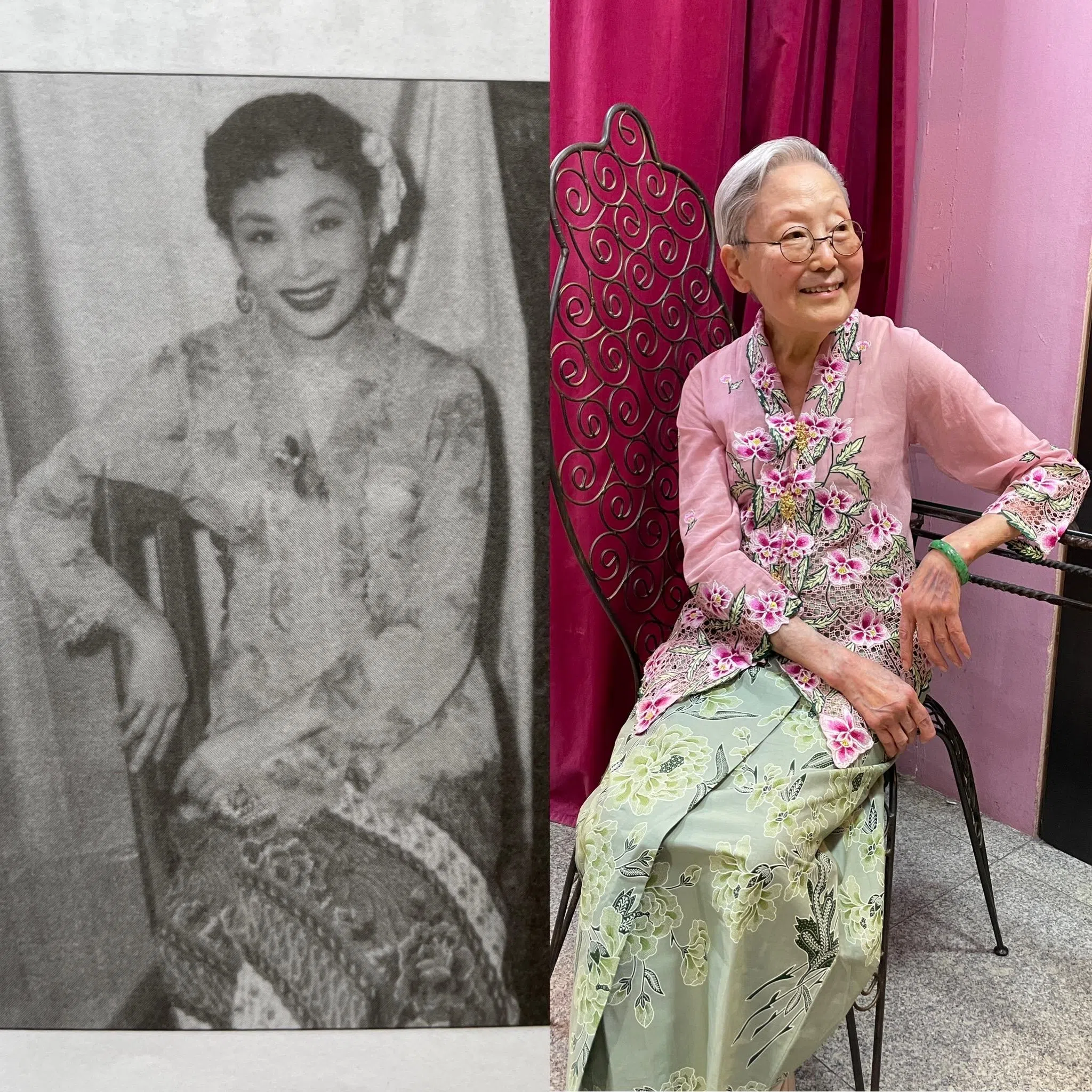 作者构思这张相隔60多年的对照记：左边是约1955年罗佩云在演出后台的倩影，右边是她此次来新所拍。（林方伟摄）