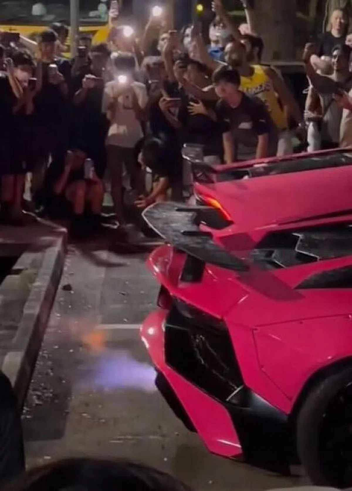 一些汽车排气管喷出火焰，四周围观者拍照。（取自网络）