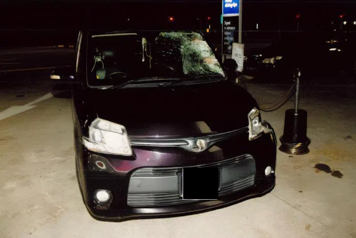 事发后，被告汽车的左侧车头和挡风玻璃受损。（取自法庭文件）