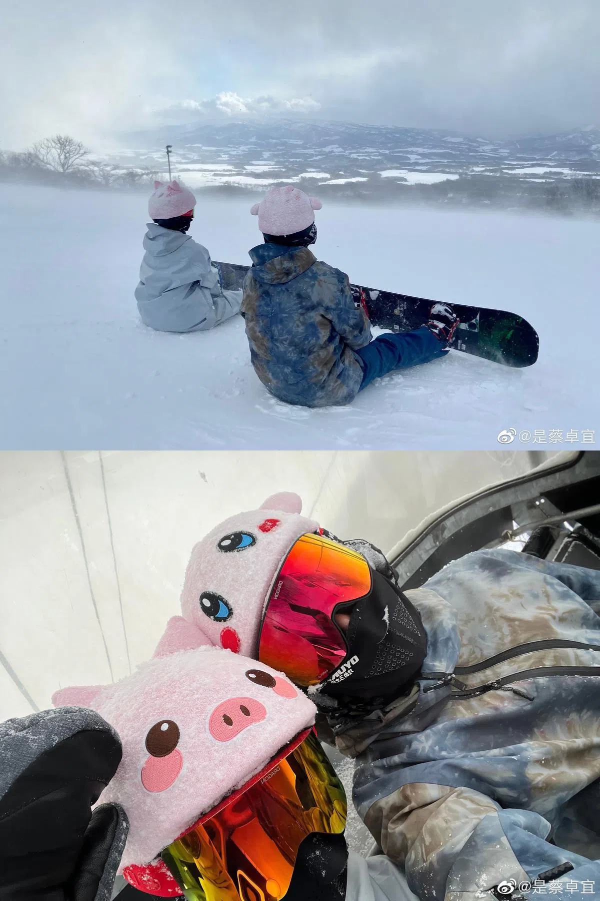 蔡卓宜与王大陆滑雪照。（取自艺人微博）
