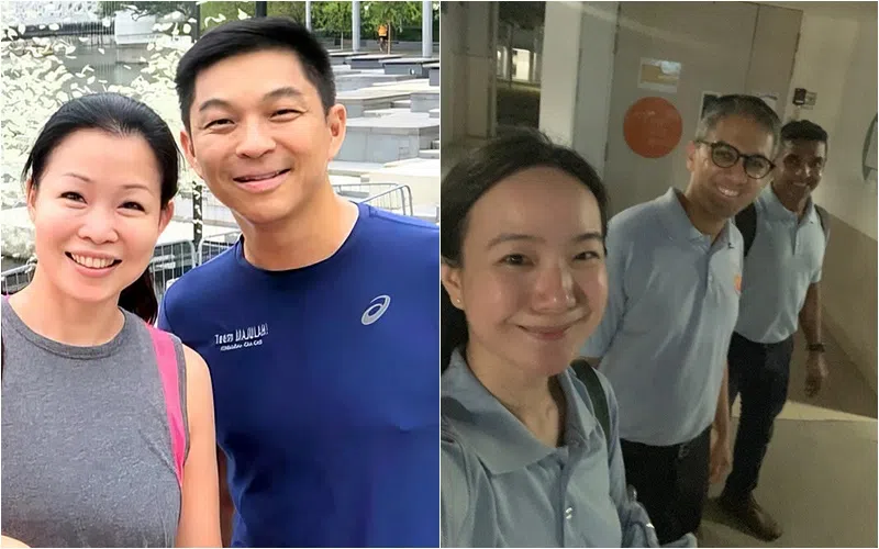 左图：原国会议长陈川仁（右）和原议员钟丽慧，2023年7月17日辞职并退出人民行动党。右图：2023年7月19日，工人党阿裕尼集选区议员贝理安（中）因与党员佘雪玲（前）发生婚外情，辞去国会议席并退党。佘雪玲前一天已退党。（取自脸书、档案照片）