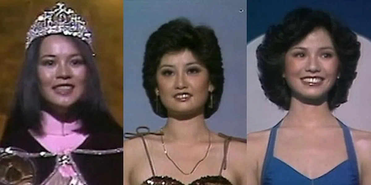 1979年港姐冠军郑文雅（左起）、季军锺慧冰、殿军锺楚红。（互联网）