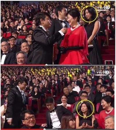 林青霞（红衣者）出席第50屆金马奖颁奖典礼时，邢爱林（黄圈者）曾陪伴一起亮相。（视频截图）