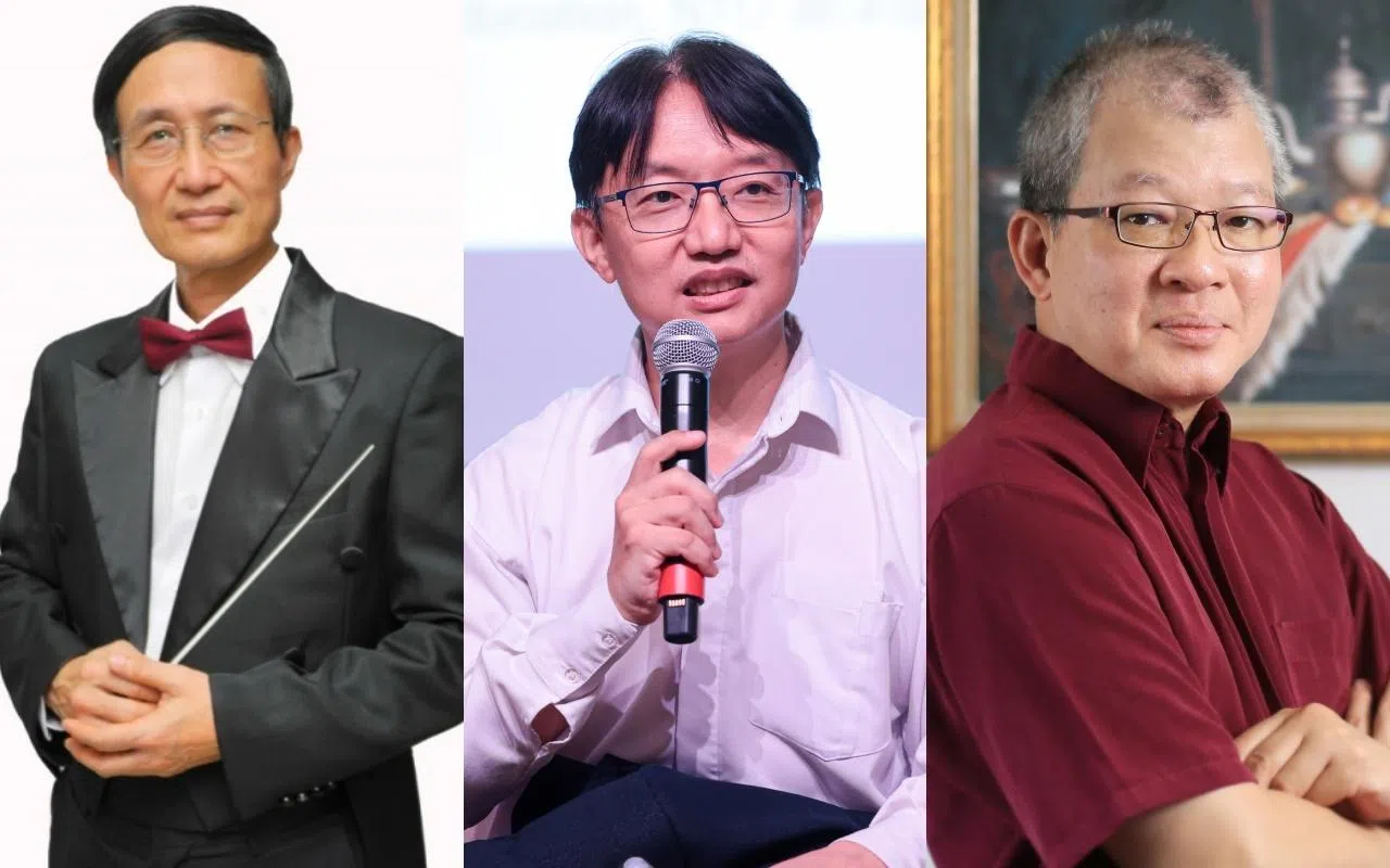 郭永秀（左起）、陈志锐和伍木将在跨文化诗歌朗诵会致辞。（档案照）