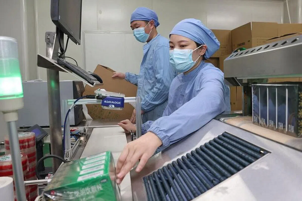中国政府据报去年12月在全国范围征用多家药厂。图为江苏省一家药厂的工人去年12月12日在生产线上检查治疗感冒的中成药。（法新社）