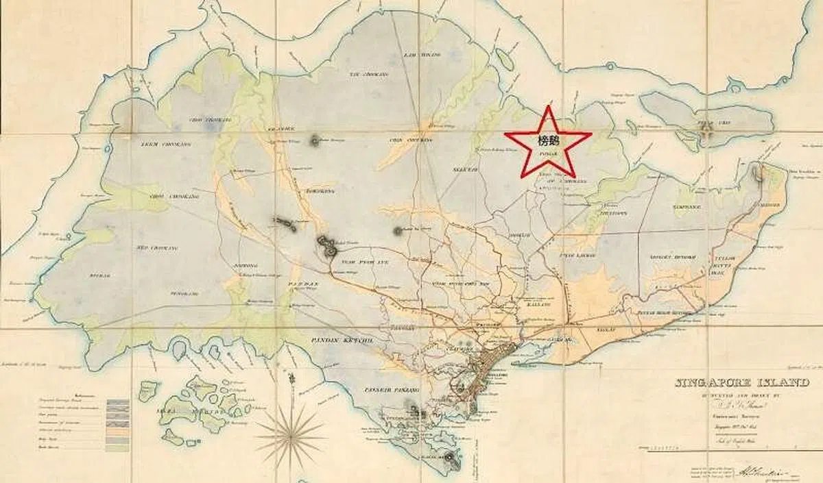 榜鹅出现在1844年的新加坡地图。（图源：国家图书馆）