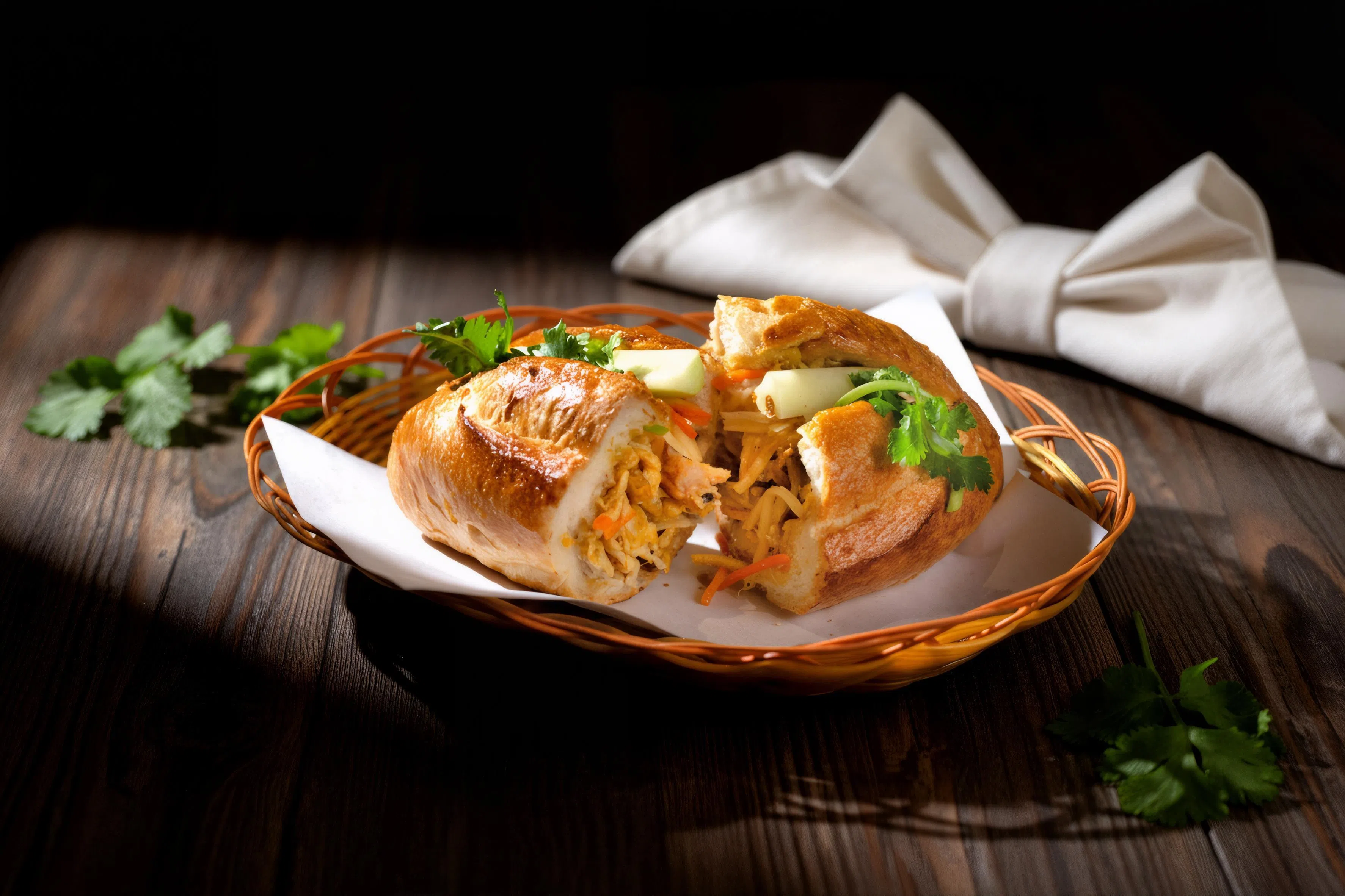 烤猪肉法棍（Banh Mi）将脆法棍夹入配料与自制腌菜，层次鲜明。（餐馆提供）