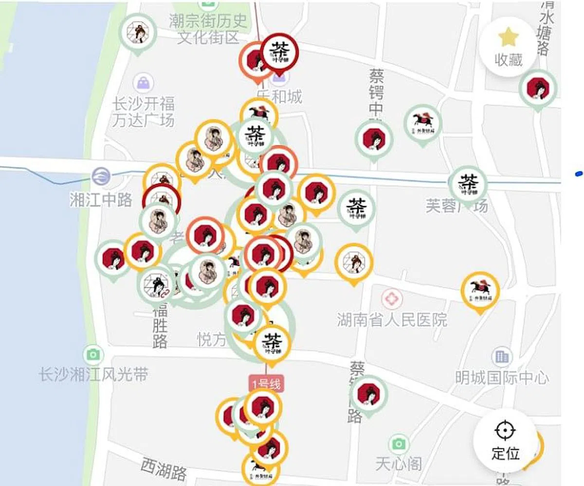 哪怕关店缩减后，在长沙市的中心区域，茶颜悦色的店铺密度依然惊人。（官方小程序截图）