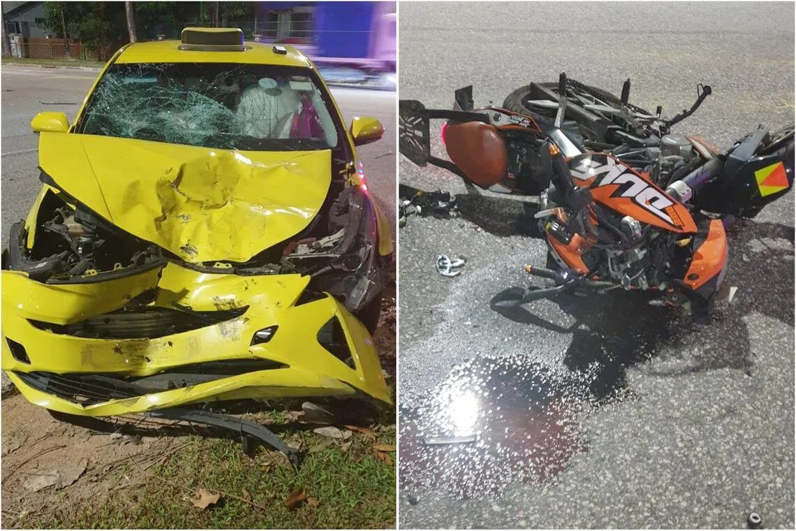 一名66岁德士司机沿大士弯行驶，在T字路口右转时没有留意来往车辆，与一辆电单车相撞。（新加坡警察部队提供）