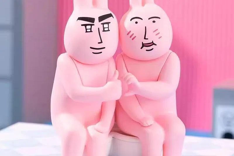 “我的朋友”系列中，坐在心形马桶上的“双人款”粉红兔子。