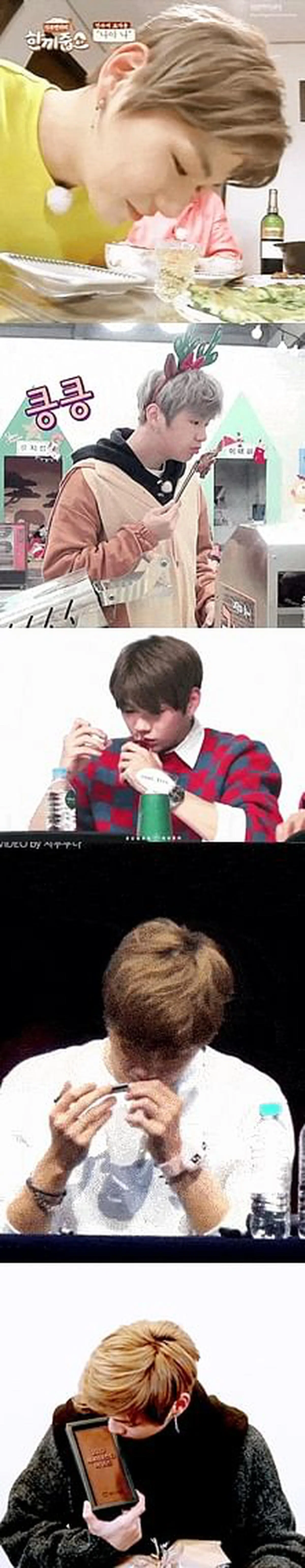 互联网上流传着姜丹尼尔“闻一下”的动图，无论是食物、饮料、签名笔甚至是奖杯，他都习惯“闻一下。（互联网）