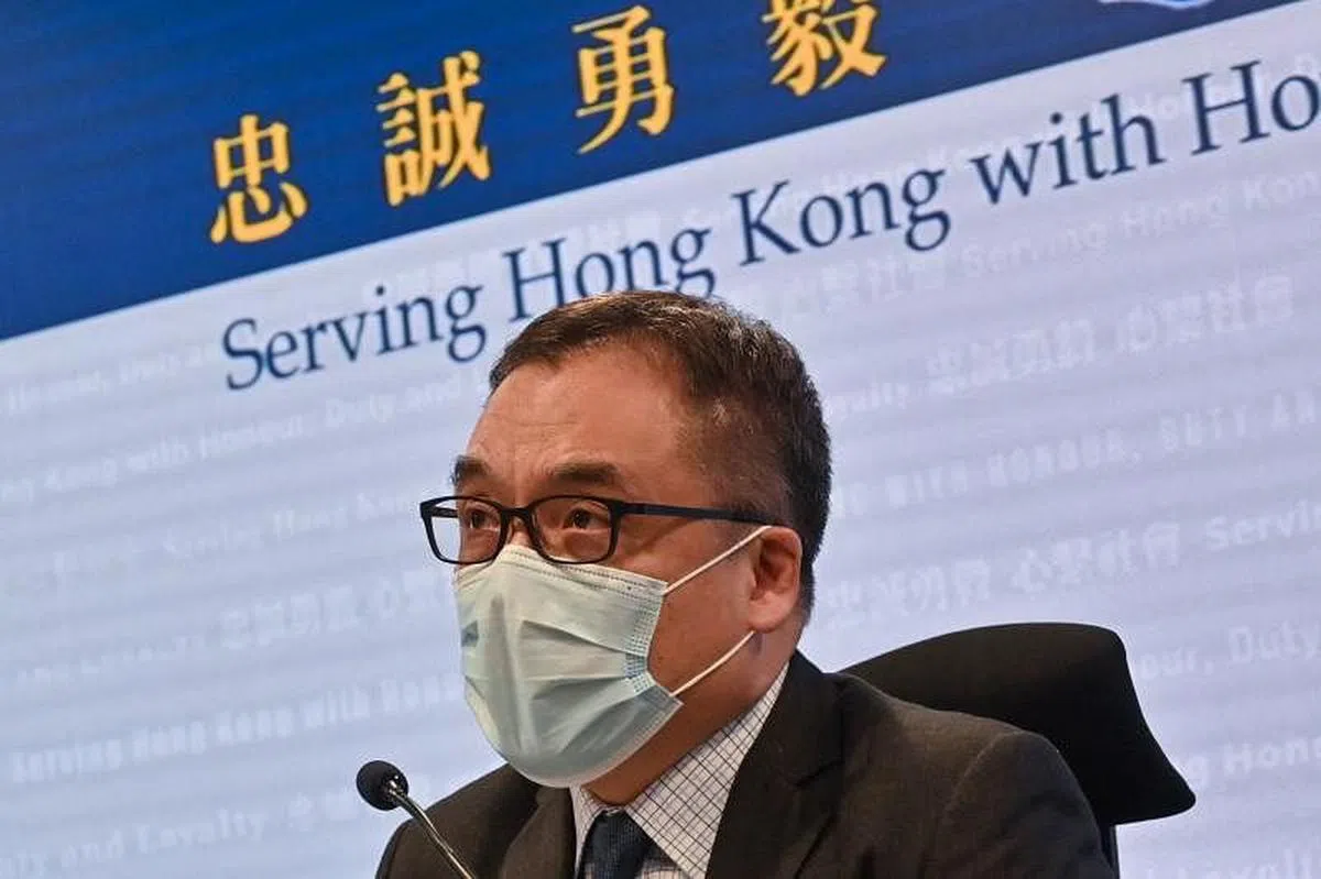 国安处高级警司李桂华今天在记者会上就《立场新闻》办公室被搜查一事接受访问。（法新社）