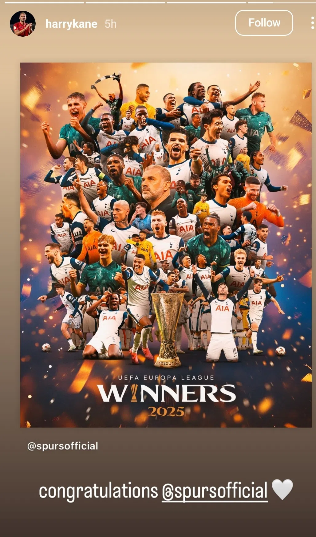 前热刺队长凯恩在社媒上恭喜前东家在欧联赛夺冠。（取自凯恩Instagram）