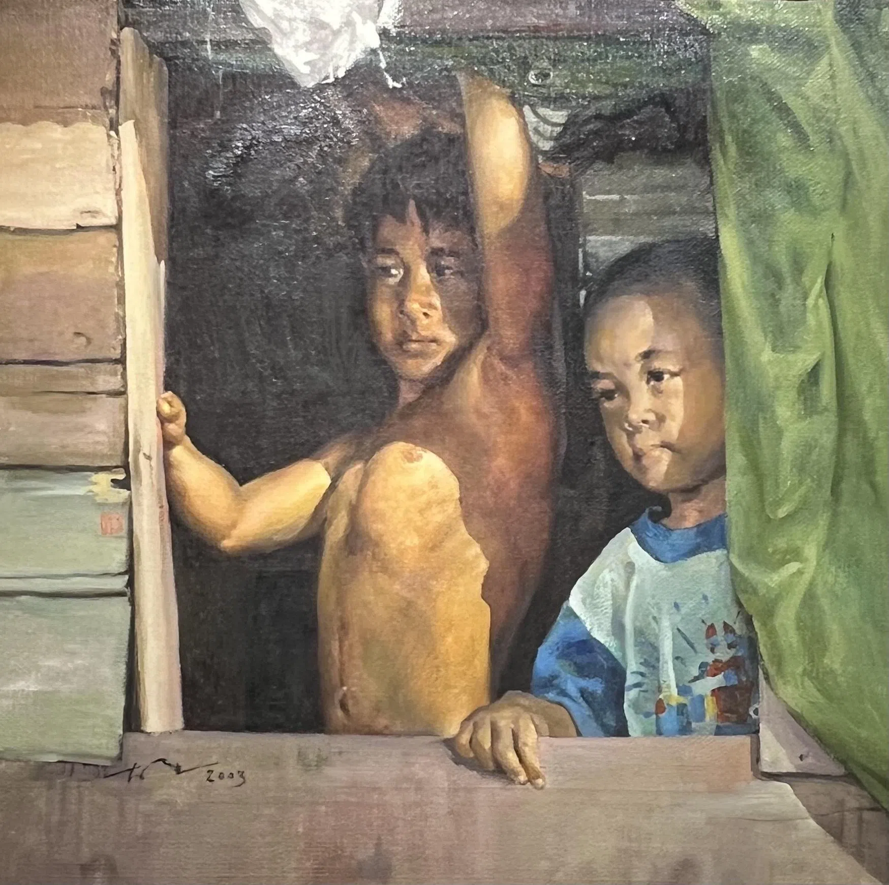 林家雄肖像画《初阳》（2003）写逃难在泰国的缅甸小难民。（名流艺术画廊提供）