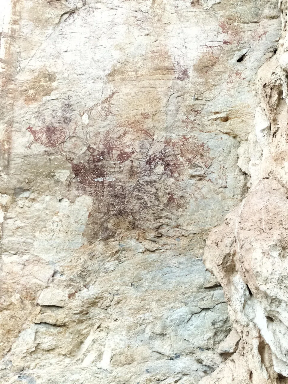 马来西亚霹雳州近打谷山区留下数千至万年前人类壁画，图为淡汶洞壁画。（天文台乐团提供）