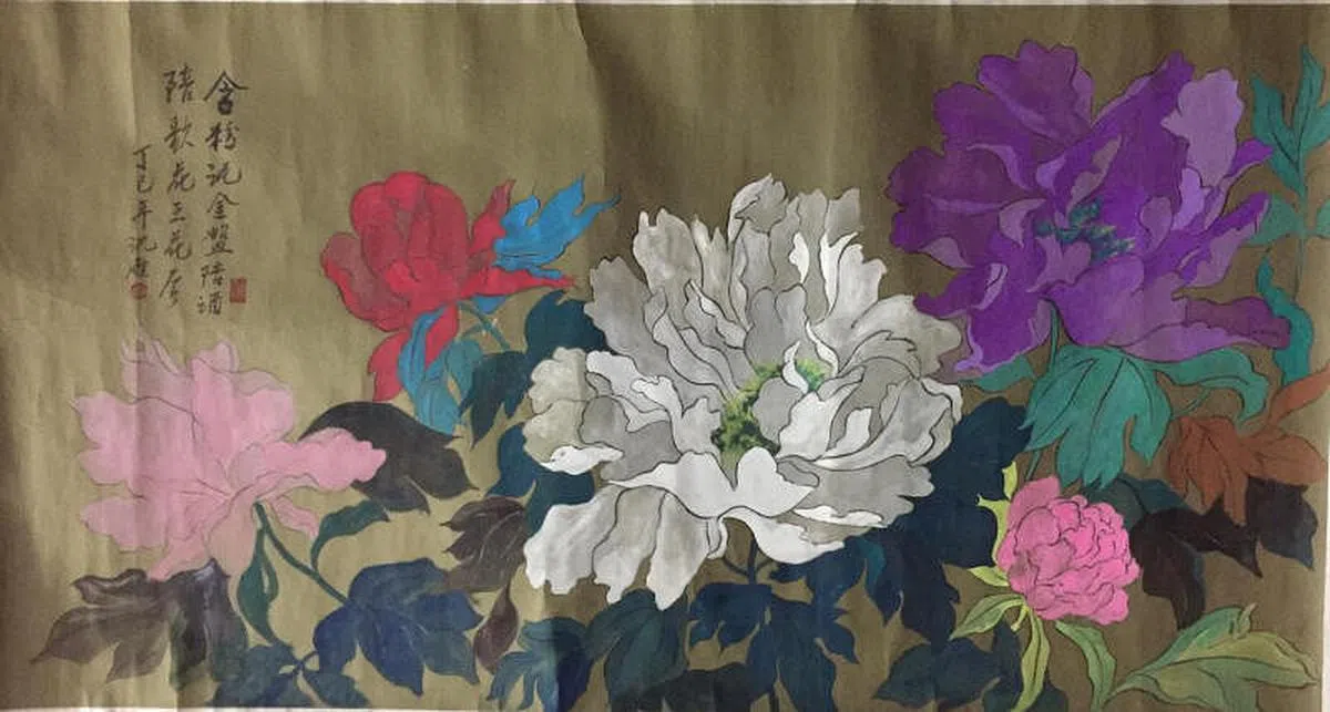 沈雁彩墨画《牡丹》（73x137厘米）。（画廊提供图片）