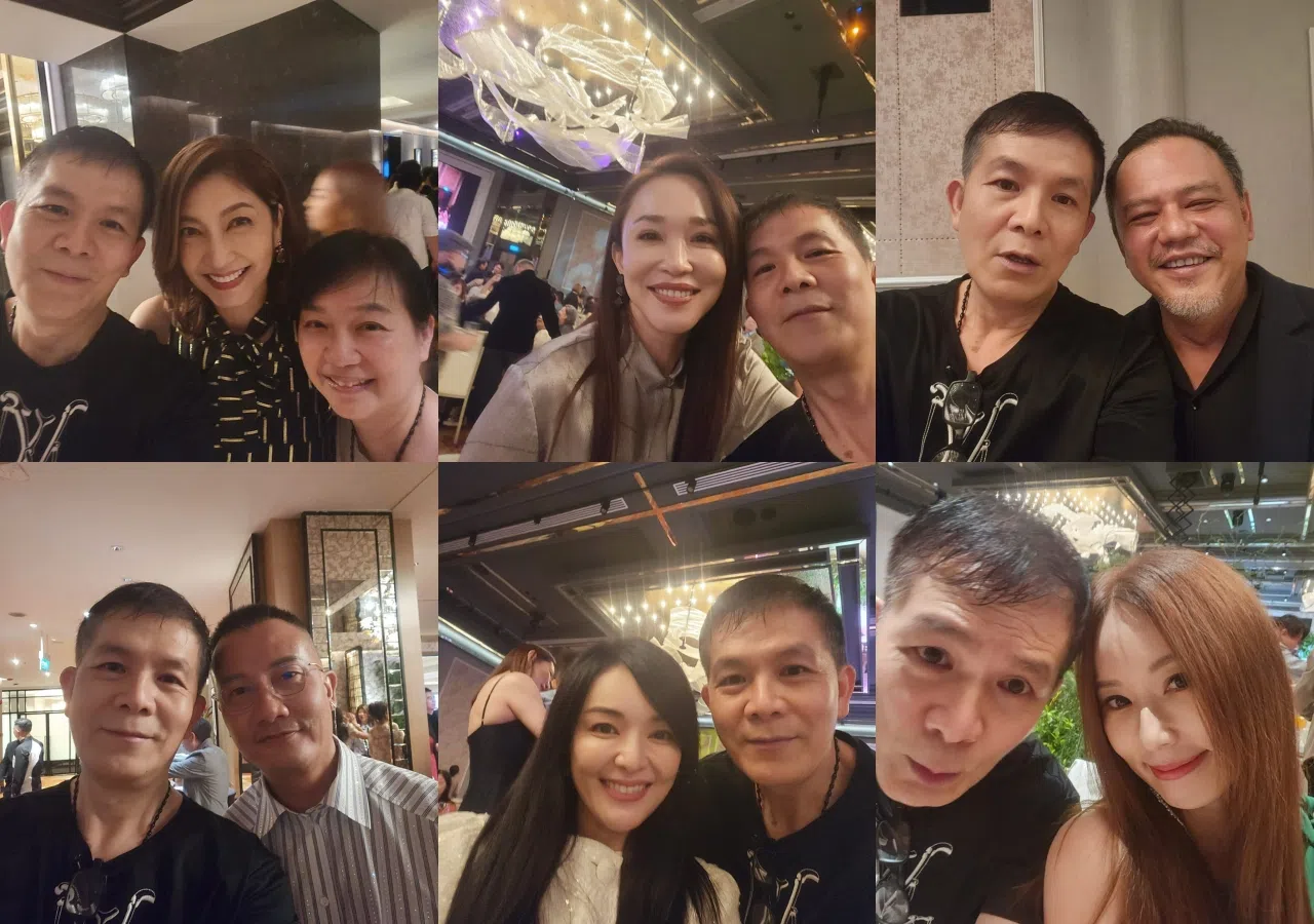 林益盛在郑颖及伍思翰的婚礼上，与黄碧仁、范文芳、陈汉玮、洪乙心和林湘萍等老同事合照，相见甚欢。（林益盛提供）
