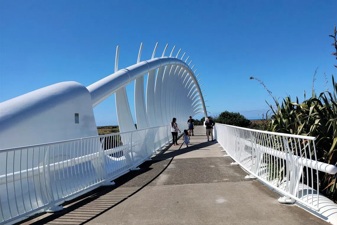 海岸步道上的特雷瓦雷瓦大桥，像一座白色的鲸鱼骨架。（陈静芳摄）