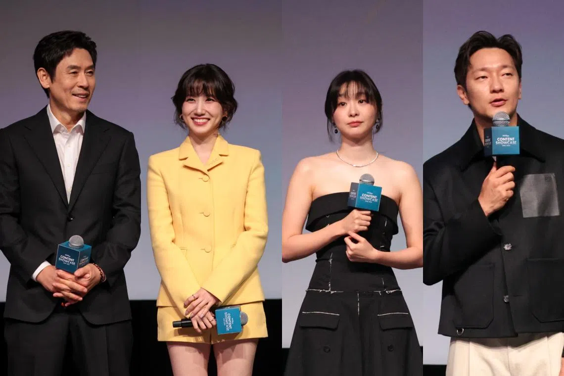 主演《狂医魔徒》的薛景求（左起）和朴恩斌，以及《血谜拼图》的金多美和孙锡久都是首次搭档拍剧。（张俊杰摄）