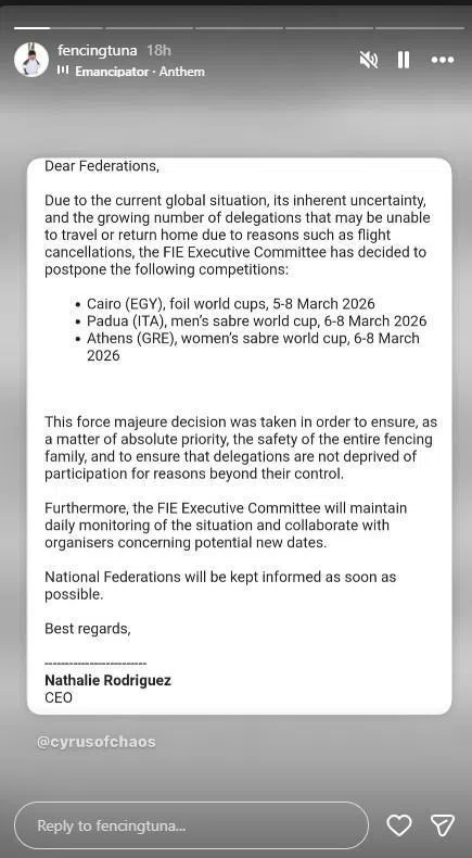 国际击剑联合会取消了本周的三项世界杯击剑赛。（取自Instagram/fencingtuna ）
