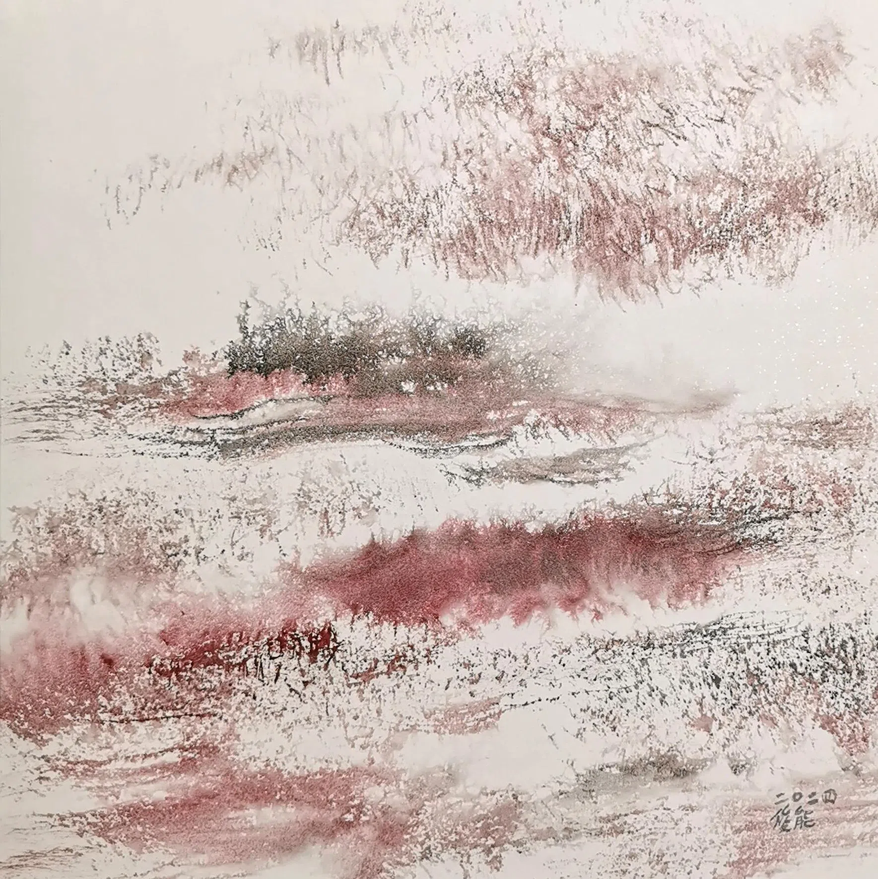 林俊能纸本彩墨《湿地幻境之胭脂》。（南蛮艺苑）