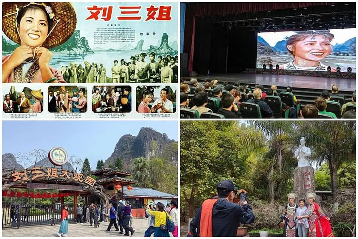 《刘三姐》海报（左上图）、桂林刘三姐大观园景区影院（右上图）和景区内景（左下图）。游客在刘三姐雕像前留影。（中新网）
