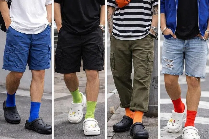 基础色的洞洞鞋，搭上亮色袜子，无论穿长裤还是短裤都很合适。