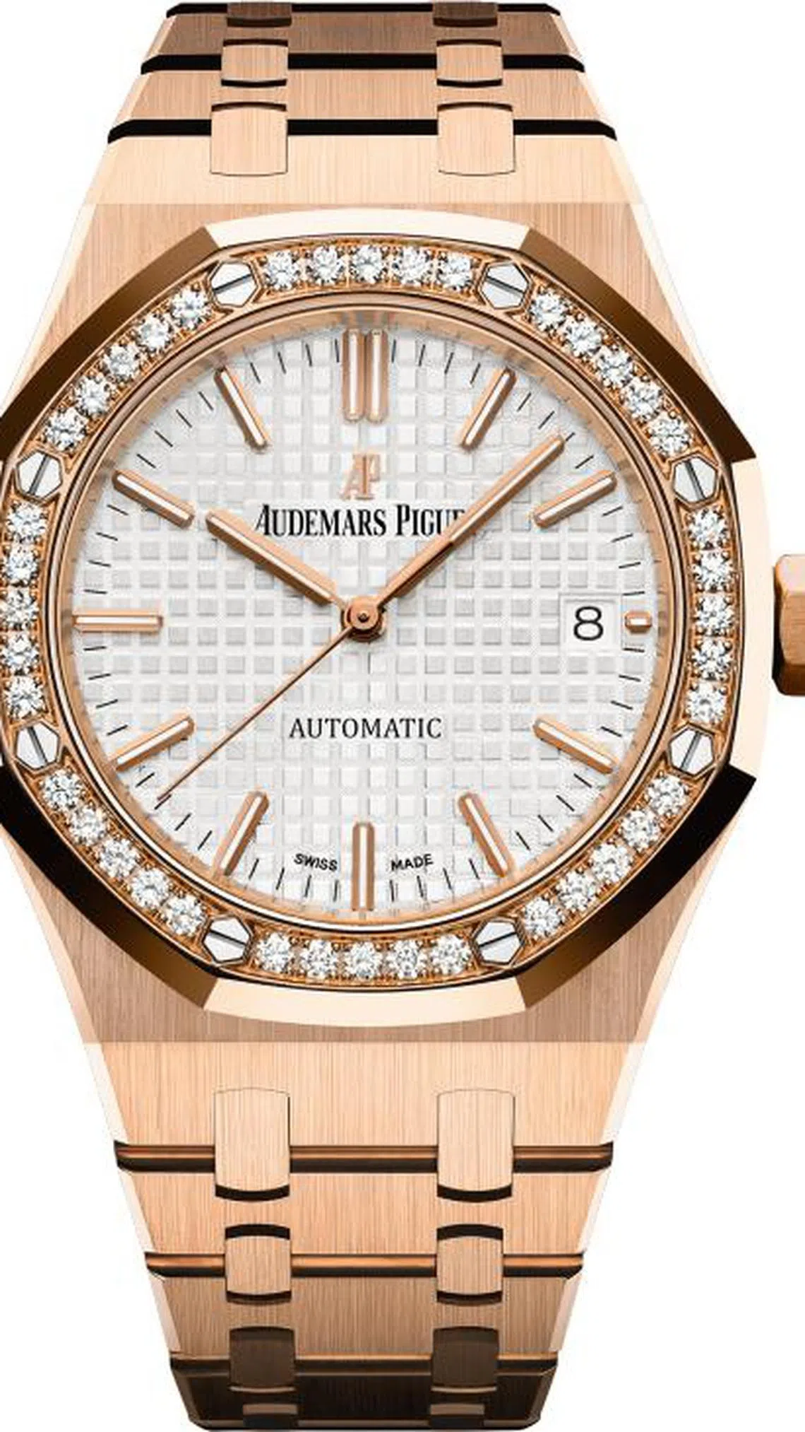 爱彼自动上链腕表18K玫瑰金表壳，表圈上有40颗0.9克拉明亮型切割美钻。（取自爱彼网站）